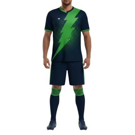 Navy and green soccer kit with a bold lightning-bolt graphic, matching green-trim jersey and shorts.