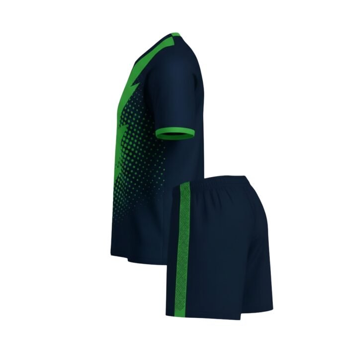 Navy and green soccer kit with bright green graphic pattern on the jersey and matching green-trim shorts.