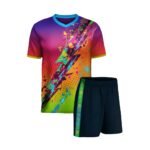 Vibrant soccer uniform with purple-to-green gradient jersey and dark blue shorts featuring green and blue side stripes