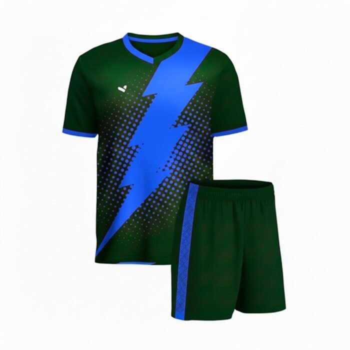 Green and blue soccer uniform set with a lightning-bolt graphic on the jersey and matching green shorts.