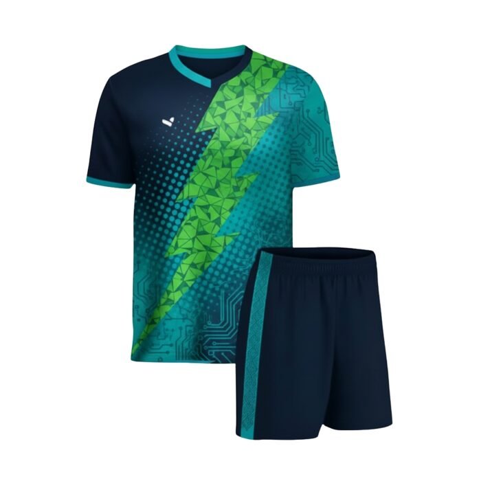 Dark blue athletic jersey with v-neck and short sleeves, featuring a diagonal green lightning bolt graphic with triangular details and subtle circuit board patterns in the turquoise lower section; matching dark blue shorts with a turquoise side stripe, displayed on white background.