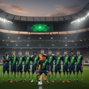 Soccer team lineup standing on the field wearing matching green-and-navy uniforms with player numbers visible under stadium lights.