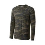 Green and brown camouflage long-sleeve shirt with a crew neck.