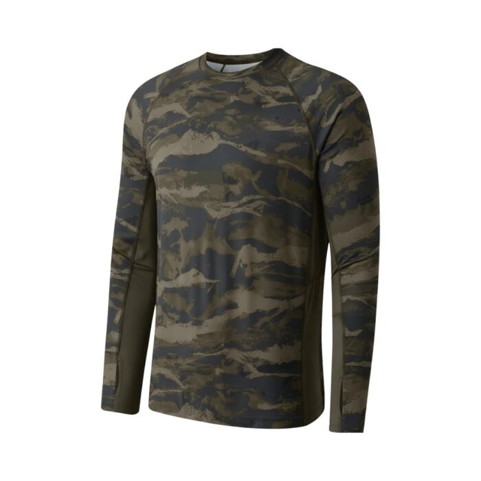 Green and brown camouflage long-sleeve shirt with a crew neck.