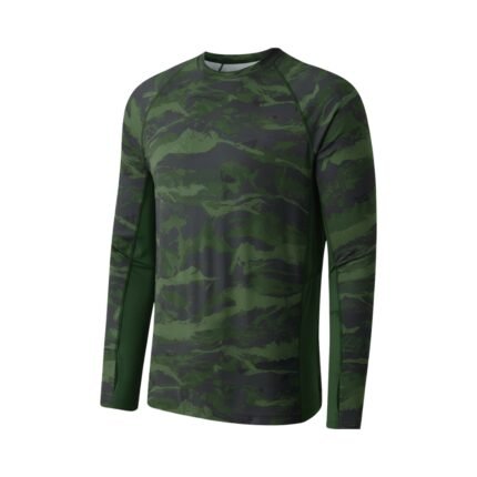 Green camouflage long-sleeve shirt with a crew neck.