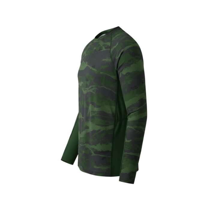 Green camo long-sleeve crew-neck shirt with dark pattern