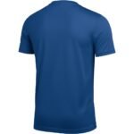 Close-up of blue short-sleeve athletic t-shirt crew neck on plain background