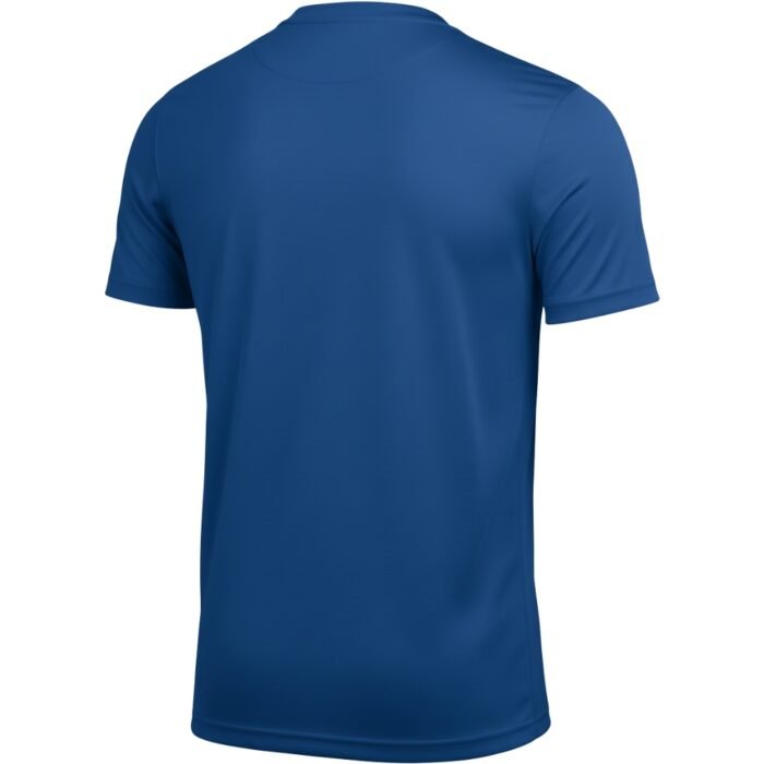 Close-up of blue short-sleeve athletic t-shirt crew neck on plain background
