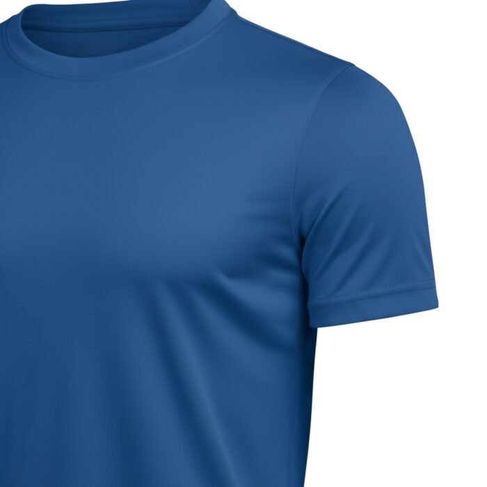 Close-up of blue short-sleeve athletic t-shirt crew neck on plain background