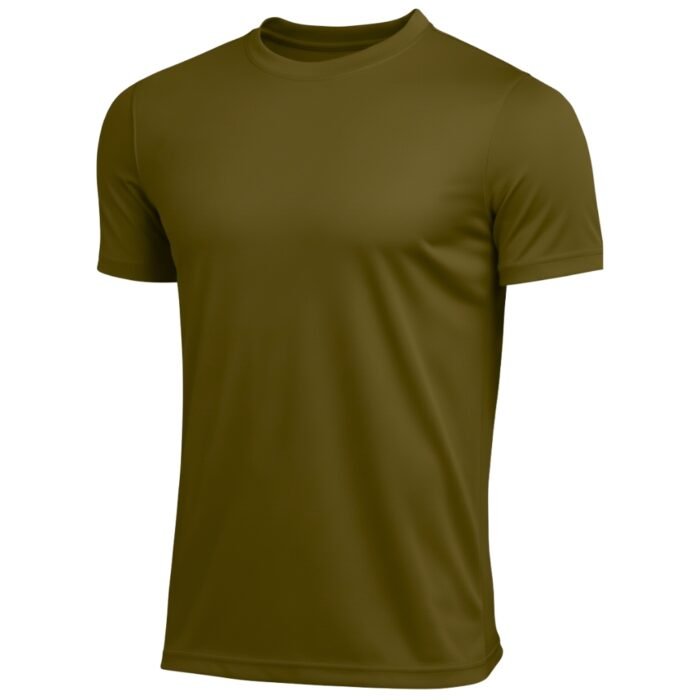 Olive green crew neck t-shirt with short sleeves, displayed flat on a white background