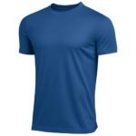 Front view of blue short-sleeve athletic t-shirt crew neck on plain background