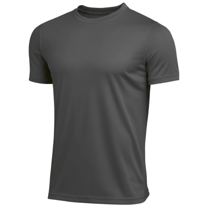 Dark gray crew neck t-shirt with short sleeves, displayed on a plain white background.