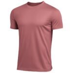Rose-colored short-sleeve crew neck t-shirt displayed on white studio background, showing natural drape, subtle fabric texture, and soft contour lighting.