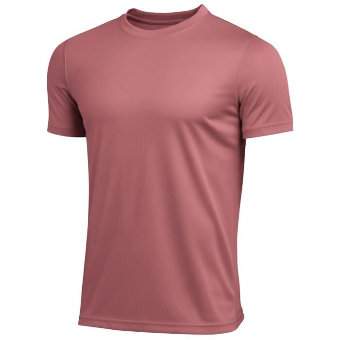Rose-colored short-sleeve crew neck t-shirt displayed on white studio background, showing natural drape, subtle fabric texture, and soft contour lighting.