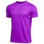 Bright purple short-sleeve cotton crew neck t-shirt displayed front-facing on a plain white studio background; smooth fabric with gentle sheen and soft, natural wrinkles indicating drape and texture.