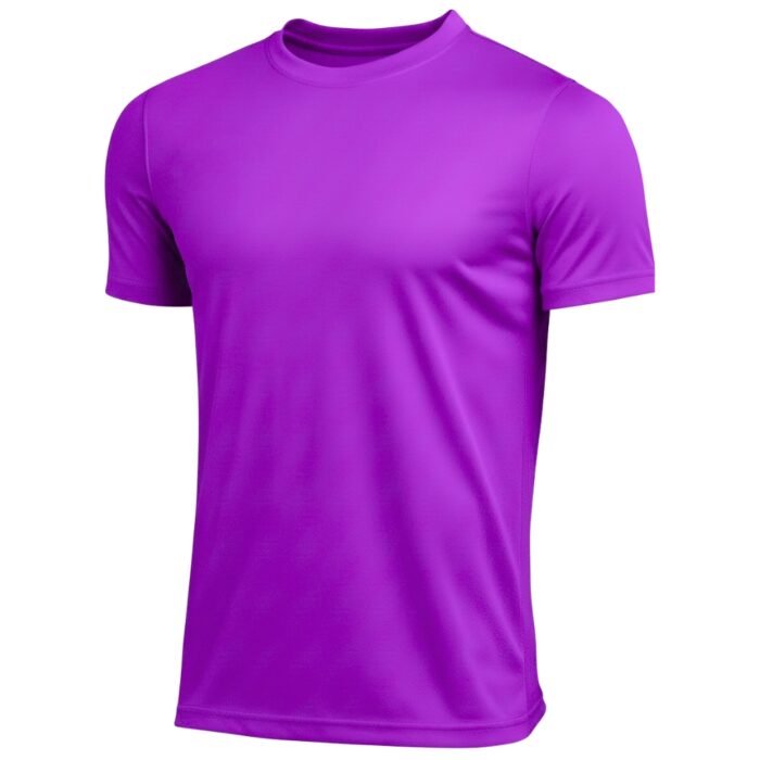 Bright purple short-sleeve cotton crew neck t-shirt displayed front-facing on a plain white studio background; smooth fabric with gentle sheen and soft, natural wrinkles indicating drape and texture.