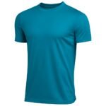 Turquoise short-sleeve crew neck cotton-blend t-shirt, studio-photographed on white background with even lighting and visible fabric texture.