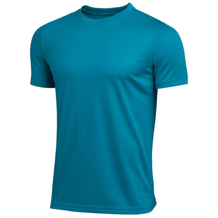 Turquoise short-sleeve crew neck cotton-blend t-shirt, studio-photographed on white background with even lighting and visible fabric texture.