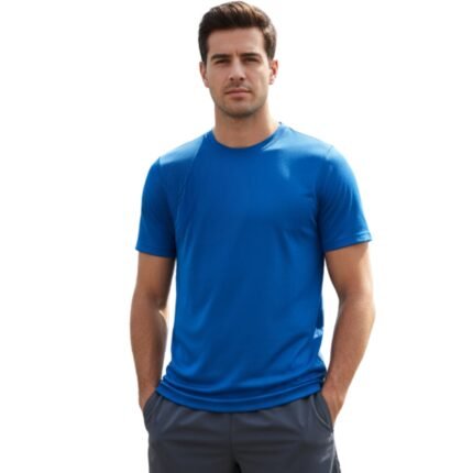 Blue short-sleeve crew neck athletic t-shirt on model with dark shorts