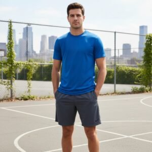 Blue short-sleeve soccer training shirt worn by a man on a sports court