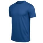 Close-up of blue short-sleeve athletic t-shirt crew neck on plain background