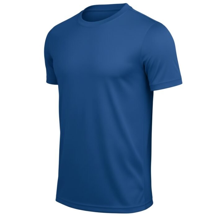 Close-up of blue short-sleeve athletic t-shirt crew neck on plain background