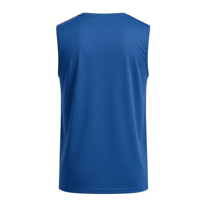 Back view of a fitted royal blue sleeveless athletic tank top on a white background; features a rounded neckline, clean seams, and smooth moisture-wicking fabric.