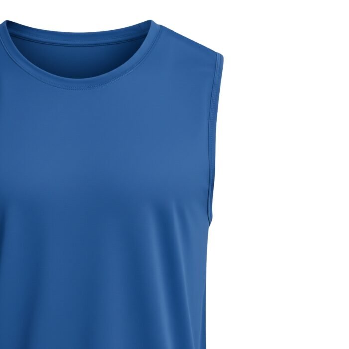 Royal blue athletic tank top in close-up studio view: scoop neckline, clean sleeveless armholes, lightweight slightly shiny fabric with subtle texture and clean stitching.