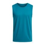 Teal sleeveless athletic tank top with round neckline and clean, modern silhouette on white background.