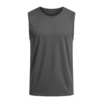 Gray sleeveless athletic top with round neckline, smooth slightly shiny performance fabric, centered on clean white background