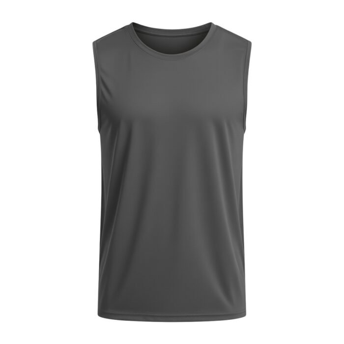 Gray sleeveless athletic top with round neckline, smooth slightly shiny performance fabric, centered on clean white background