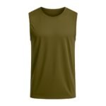 Olive green sleeveless athletic top on white background: minimalist round neckline, wide armholes, smooth textured fabric with subtle sheen — designed for unrestricted movement and breathability.
