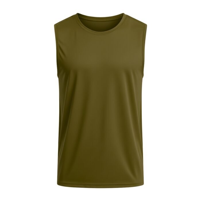 Olive green sleeveless athletic top on white background: minimalist round neckline, wide armholes, smooth textured fabric with subtle sheen — designed for unrestricted movement and breathability.