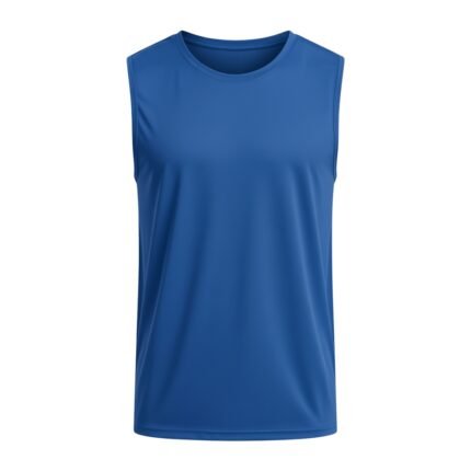Royal blue sleeveless soccer vest with clean rounded neckline, smooth moisture-wicking fabric, and athletic fit — front view on white background.