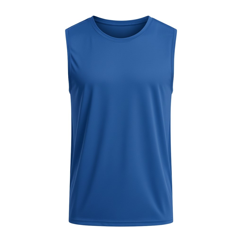 Soccer sleeveless vest shirt front view Royal blue sleeveless soccer vest with clean rounded neckline, smooth moisture-wicking fabric, and athletic fit — front view on white background.