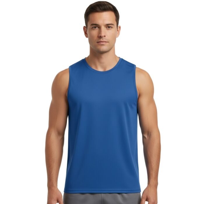 Fair-skinned man with short brown hair modeling a fitted royal blue sleeveless athletic shirt and grey athletic shorts on a plain white background.