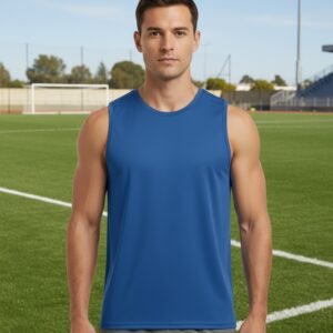 A male athlete wearing a blue sleeveless soccer vest standing on a green field with a soccer goal and stadium in the background