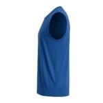 Royal blue sleeveless athletic tank top in side view, showing fitted silhouette, rounded neckline, and smooth, slightly shiny lightweight fabric.