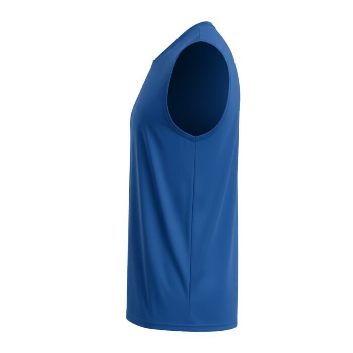 Royal blue sleeveless athletic tank top in side view, showing fitted silhouette, rounded neckline, and smooth, slightly shiny lightweight fabric.
