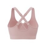 Back view of a light pink sports bra featuring a stylish crisscross strap design.