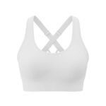 A white sports bra with a crisscross strap design at the back, displayed against a white background.