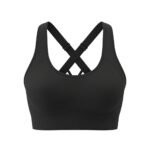 A black sports bra with a crisscross strap design at the back, shown against a white background.