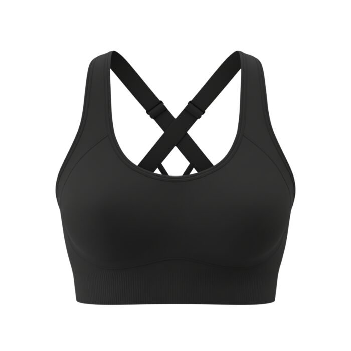 A black sports bra with a crisscross strap design at the back, shown against a white background.