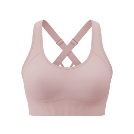 A light pink sports bra with a crisscross back strap design, displayed against a white background.