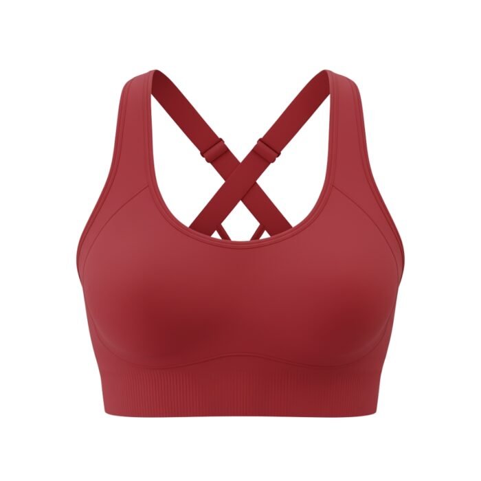 A red sports bra with a crisscross strap design at the back, displayed against a white background