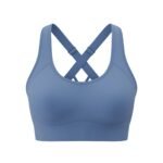 A blue sports bra with a crisscross back strap design, displayed against a white background.