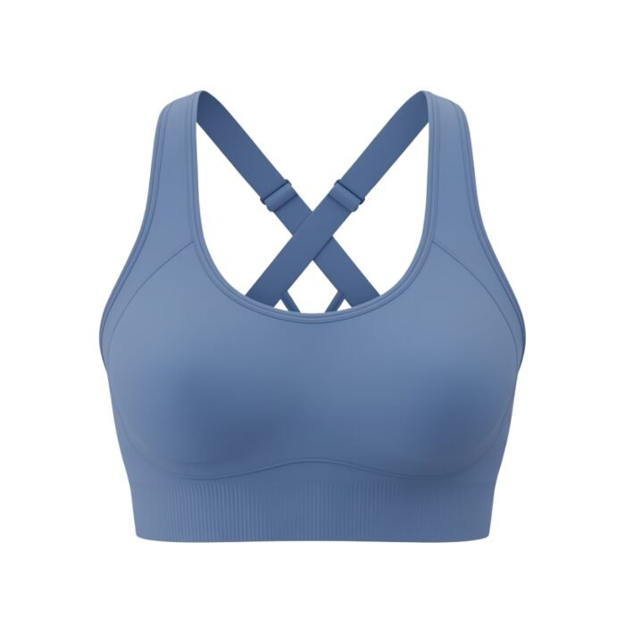 A blue sports bra with a crisscross back strap design, displayed against a white background.