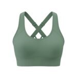 A green sports bra with a crisscross back strap design, displayed against a white background.