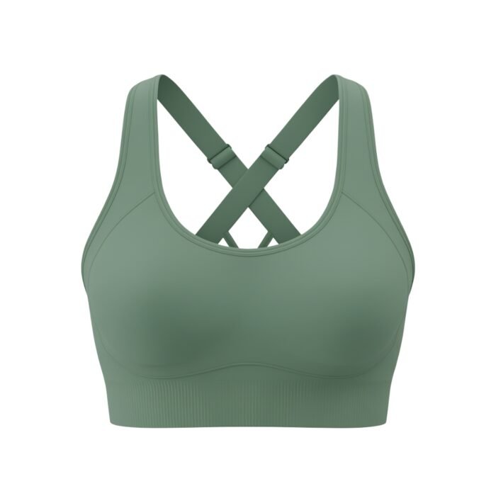 A green sports bra with a crisscross back strap design, displayed against a white background.