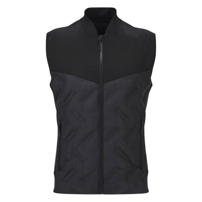 Men’s padded sleeveless vest with center zip in black with contrast upper and lower panels